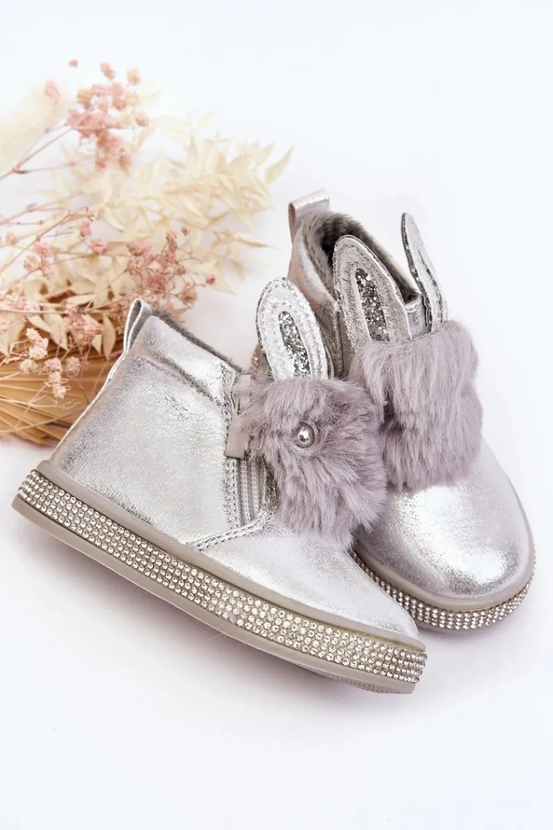 Hot Botki Śniegowce Dziecięce Na Zamek Srebrne Mothia Dzieci Dziewczęce|Dziewczęce