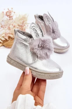 Hot Botki Śniegowce Dziecięce Na Zamek Srebrne Mothia Dzieci Dziewczęce|Dziewczęce