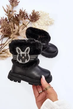 Outlet Botki Śniegowce Dziecięce z Futerkiem Czarne Lunami Dzieci Dziewczęce|Dziewczęce