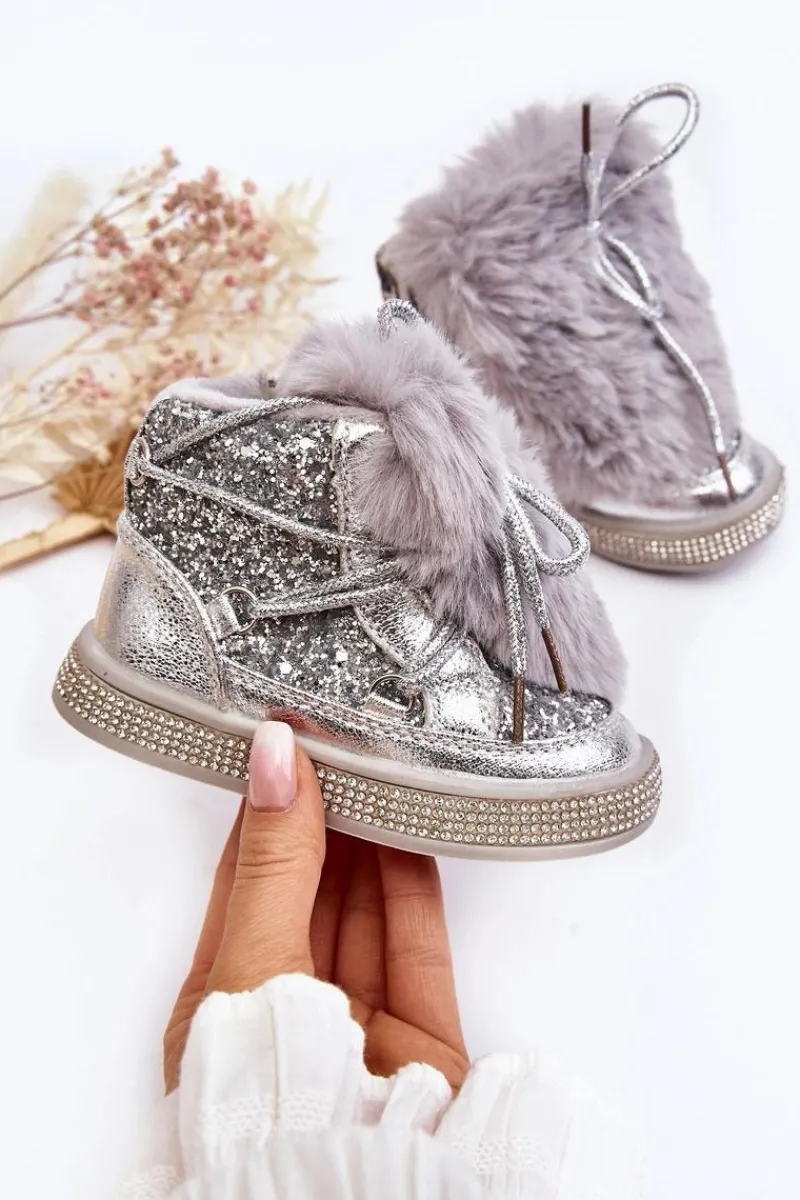 Dziewczęce|Dziewczęce>Boto Botki Śniegowce Dziecięce Z Futerkiem I Cekinami Srebrne Bryana