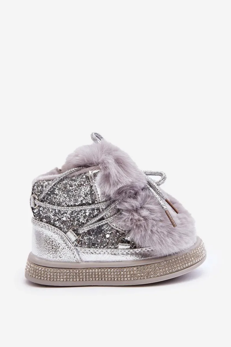 Dziewczęce|Dziewczęce>Boto Botki Śniegowce Dziecięce Z Futerkiem I Cekinami Srebrne Bryana