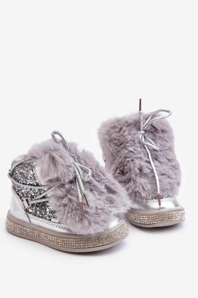 Dziewczęce|Dziewczęce>Boto Botki Śniegowce Dziecięce Z Futerkiem I Cekinami Srebrne Bryana