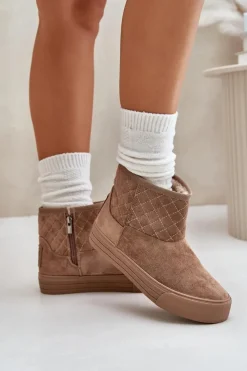 Śniegowce Damskie|Botki Płaskie>Big Star Shoes Botki Śniegowce Na Zamek Ocieplane Futerkiem Big Star OO274A524 Beżowe Beżowy
