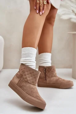 Śniegowce Damskie|Botki Płaskie>Big Star Shoes Botki Śniegowce Na Zamek Ocieplane Futerkiem Big Star OO274A524 Beżowe Beżowy