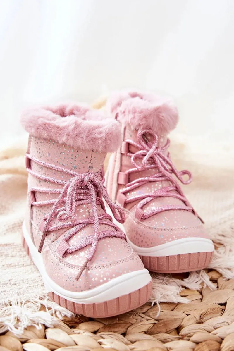 Sale Botki Śniegowce Ocieplane Z Futerkiem Różowe Stars Dzieci Dziewczęce|Dziewczęce