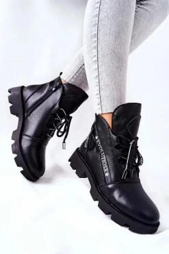 Best Botki Ocieplane Futerkiem Sergio Leone Czarne TR740 Damskie Czarne Botki|Botki Zimowe Damskie