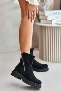 Boto Botki Ocieplane Na Płaskim Obcasie Z Eko Zamszu Czarne Reloma