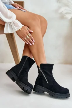 Boto Botki Ocieplane Na Płaskim Obcasie Z Eko Zamszu Czarne Reloma