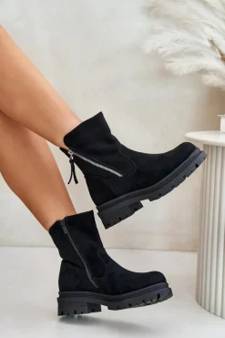 Boto Botki Ocieplane Na Płaskim Obcasie Z Eko Zamszu Czarne Reloma