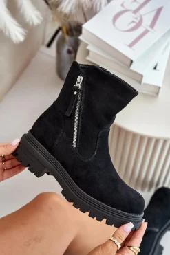 Boto Botki Ocieplane Na Płaskim Obcasie Z Eko Zamszu Czarne Reloma