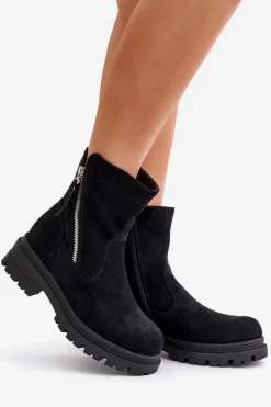 Boto Botki Ocieplane Na Płaskim Obcasie Z Eko Zamszu Czarne Reloma