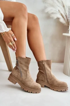 Discount Botki Ocieplane Na Płaskim Obcasie Z Eko Zamszu Beżowe Reloma Damskie Botki Wiosenne|Brązowe I Beżowe Botki