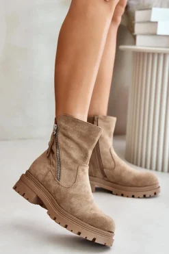 Discount Botki Ocieplane Na Płaskim Obcasie Z Eko Zamszu Beżowe Reloma Damskie Botki Wiosenne|Brązowe I Beżowe Botki