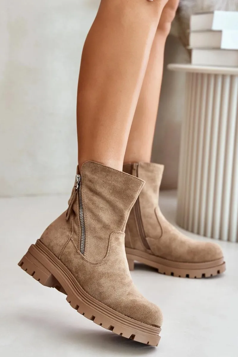 Discount Botki Ocieplane Na Płaskim Obcasie Z Eko Zamszu Beżowe Reloma Damskie Botki Wiosenne|Brązowe I Beżowe Botki