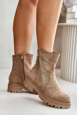 Discount Botki Ocieplane Na Płaskim Obcasie Z Eko Zamszu Beżowe Reloma Damskie Botki Wiosenne|Brązowe I Beżowe Botki