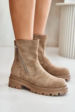 Discount Botki Ocieplane Na Płaskim Obcasie Z Eko Zamszu Beżowe Reloma Damskie Botki Wiosenne|Brązowe I Beżowe Botki
