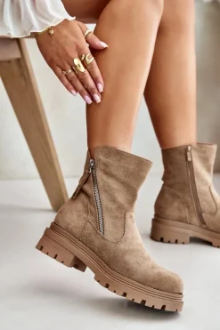 Discount Botki Ocieplane Na Płaskim Obcasie Z Eko Zamszu Beżowe Reloma Damskie Botki Wiosenne|Brązowe I Beżowe Botki