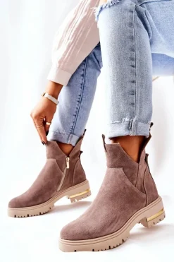 Czarne Botki|Botki Zimowe Damskie>Boto Botki Ocieplane Z Wycięciem Cappucino Tanya