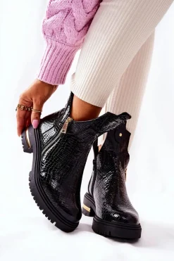 Outlet Botki Ocieplane Z Wycięciem Wzór Krokodyla Czarne Crolisia Damskie Czarne Botki|Botki Zimowe Damskie