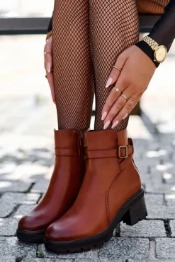 New Boto Botki Skórzane Na Niskim Obcasie Brązowe Irinaela