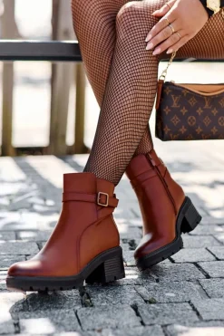 New Boto Botki Skórzane Na Niskim Obcasie Brązowe Irinaela