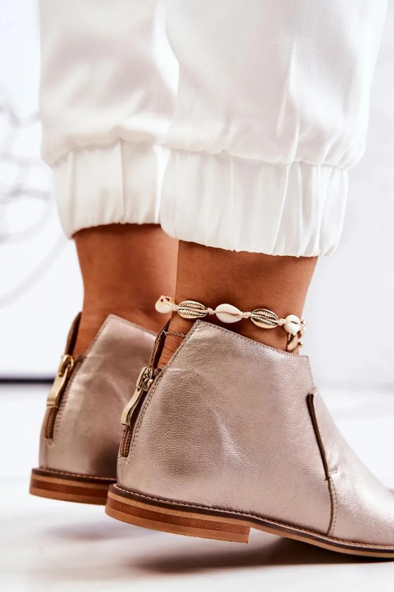 Hot Botki Skórzane Na Obcasie Złote 2324 Damskie Botki Wiosenne|Czarne Botki