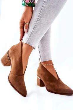 Best Botki Skórzane Na Obcasie Brązowe 2344 Damskie Botki Wiosenne|Botki Na Słupku