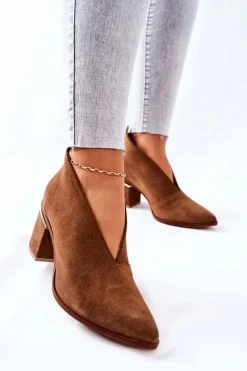 Best Botki Skórzane Na Obcasie Brązowe 2344 Damskie Botki Wiosenne|Botki Na Słupku