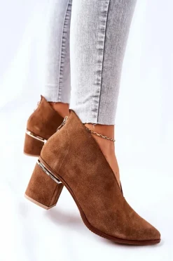 Best Botki Skórzane Na Obcasie Brązowe 2344 Damskie Botki Wiosenne|Botki Na Słupku