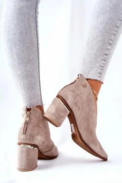 Discount Laura Messi Botki Skórzane Na Obcasie Beżowe 2344