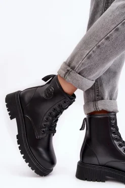 Damskie Trapery|Czarne Botki>Big Star Shoes Botki Skórzane Sznurowane Czarne Big Star MM274375