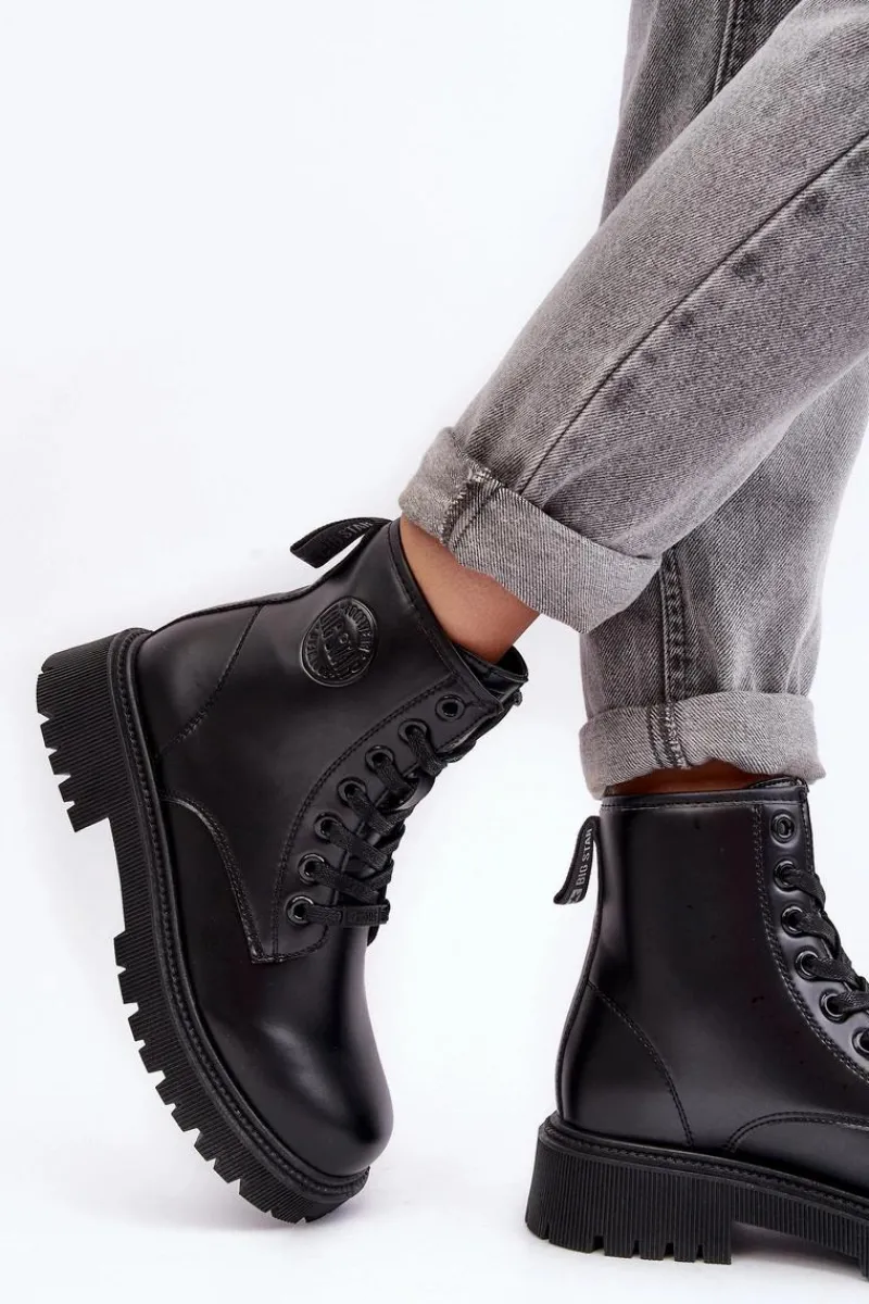 Damskie Trapery|Czarne Botki>Big Star Shoes Botki Skórzane Sznurowane Czarne Big Star MM274375