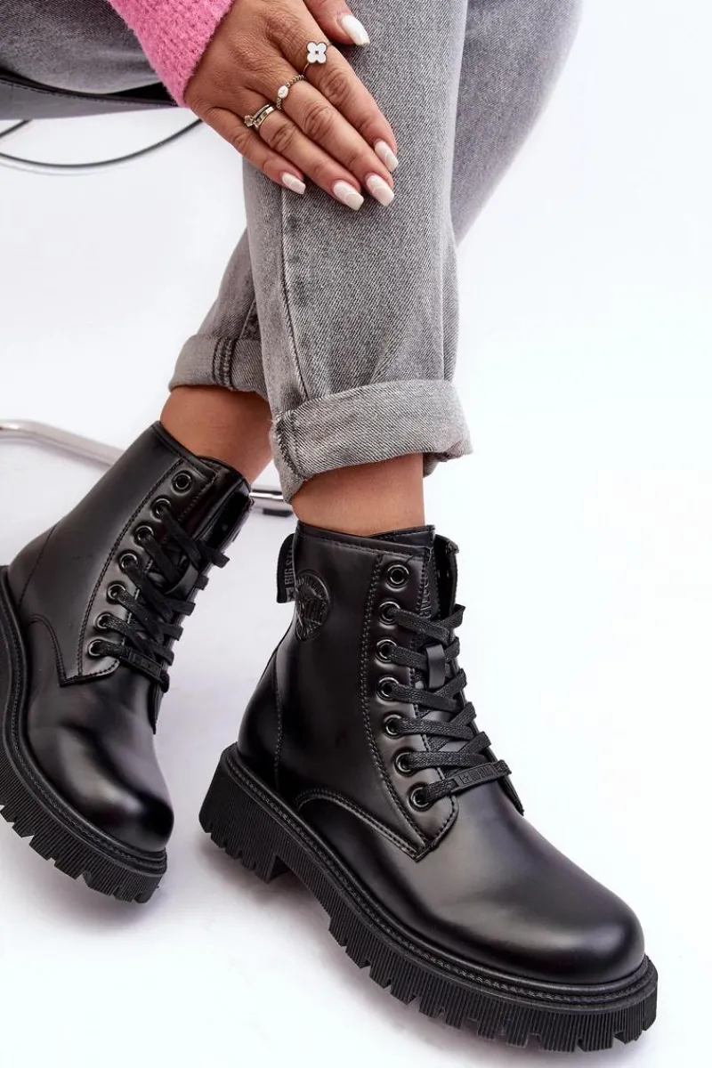 Damskie Trapery|Czarne Botki>Big Star Shoes Botki Skórzane Sznurowane Czarne Big Star MM274375