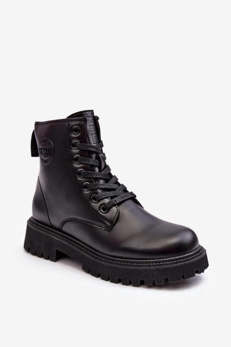 Damskie Trapery|Czarne Botki>Big Star Shoes Botki Skórzane Sznurowane Czarne Big Star MM274375