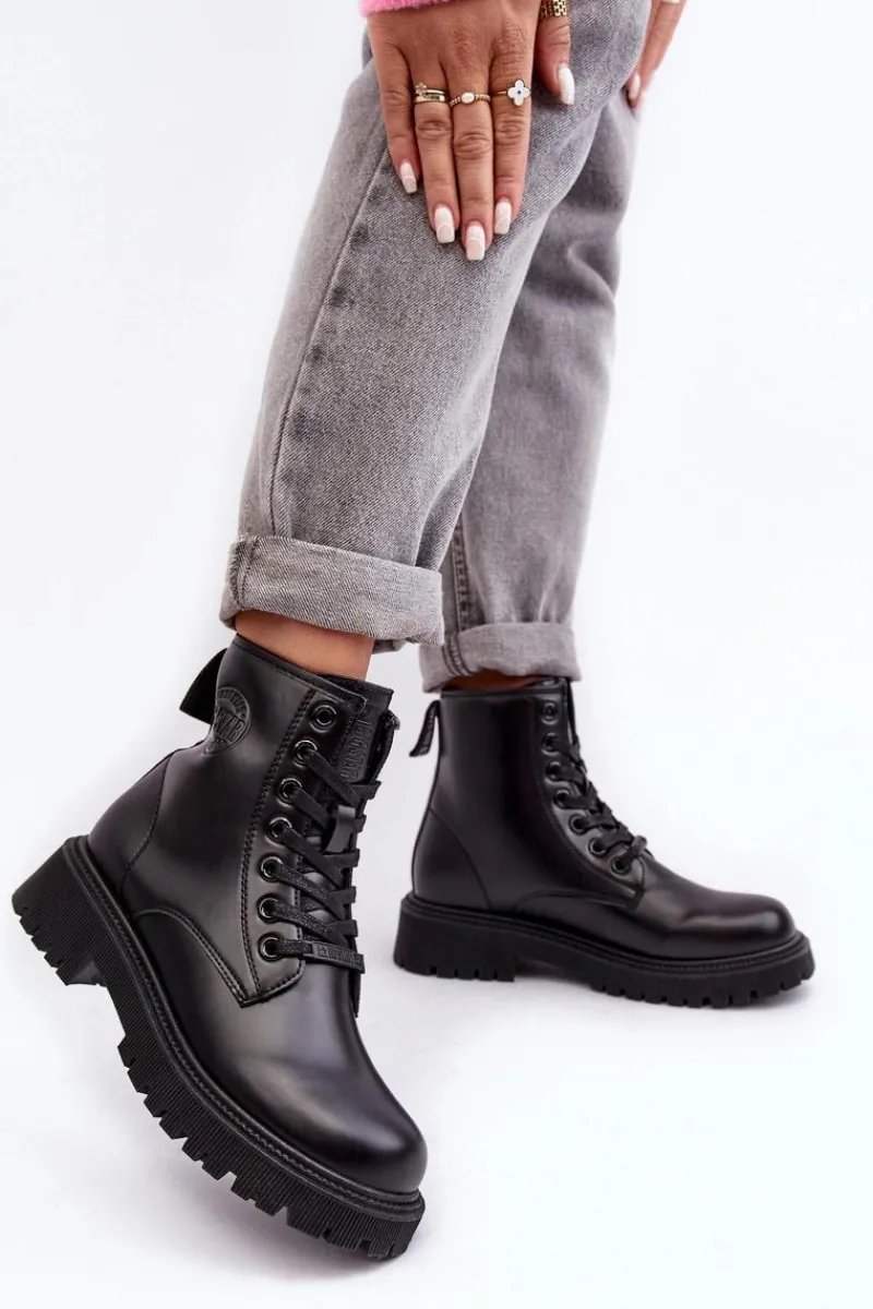 Damskie Trapery|Czarne Botki>Big Star Shoes Botki Skórzane Sznurowane Czarne Big Star MM274375