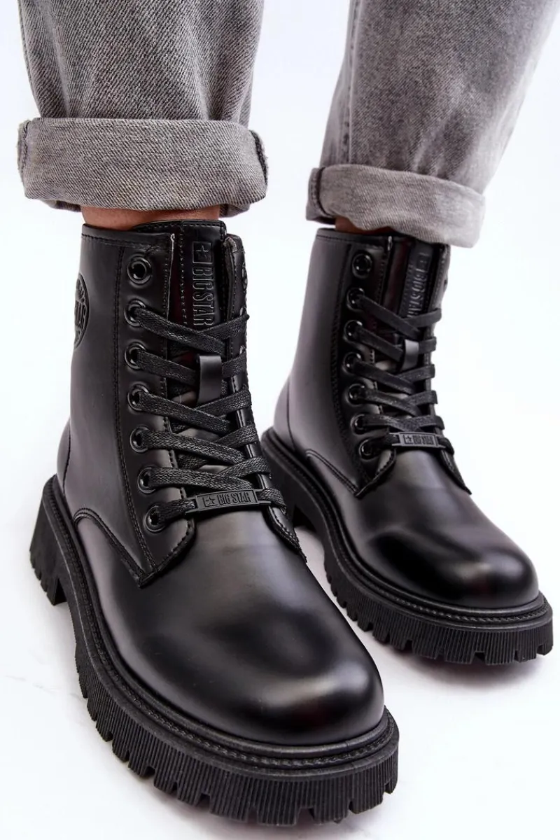 Damskie Trapery|Czarne Botki>Big Star Shoes Botki Skórzane Sznurowane Czarne Big Star MM274375