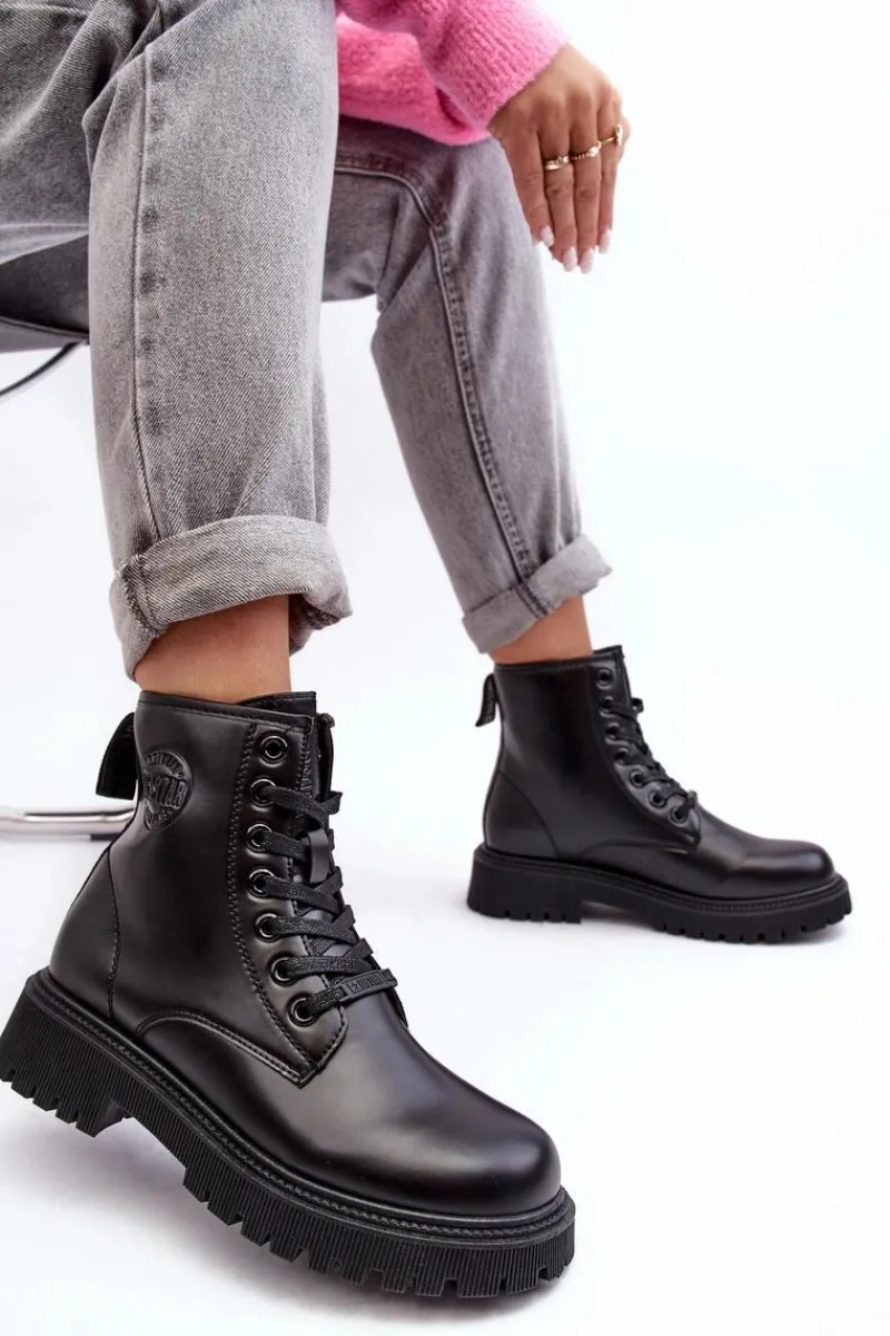 Damskie Trapery|Czarne Botki>Big Star Shoes Botki Skórzane Sznurowane Czarne Big Star MM274375