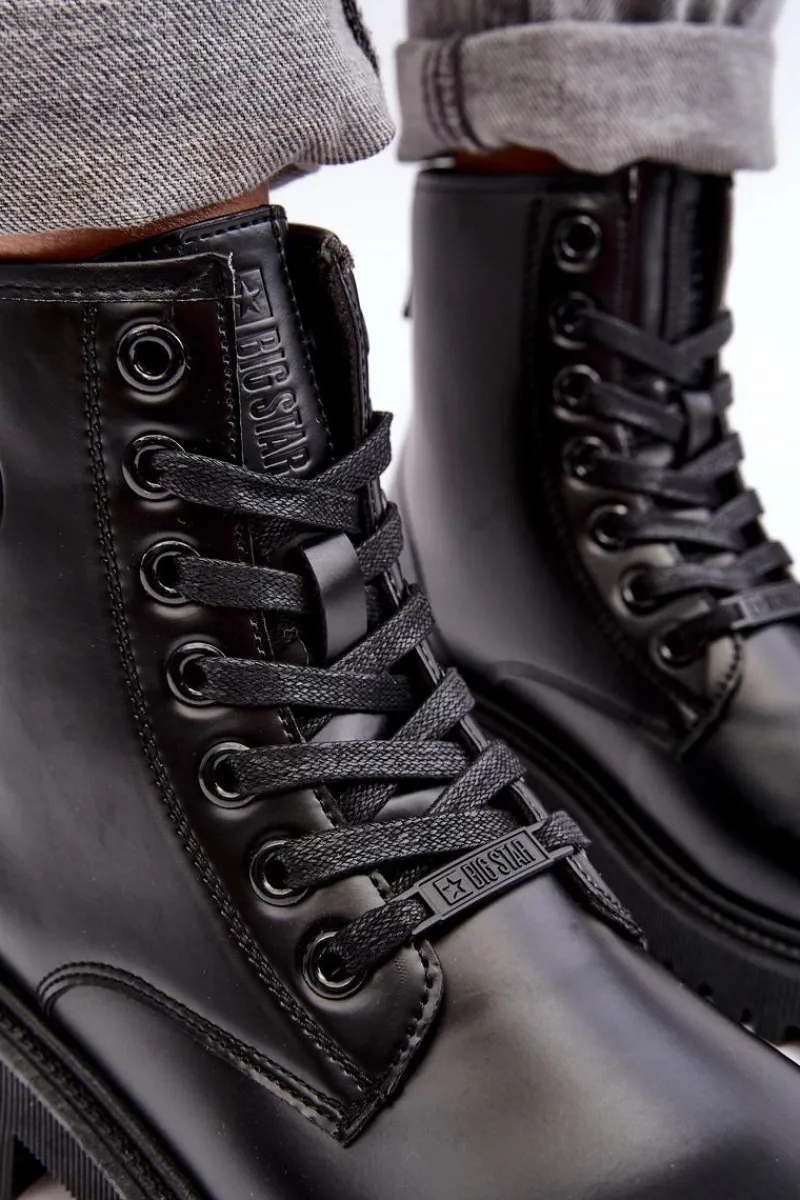 Damskie Trapery|Czarne Botki>Big Star Shoes Botki Skórzane Sznurowane Czarne Big Star MM274375
