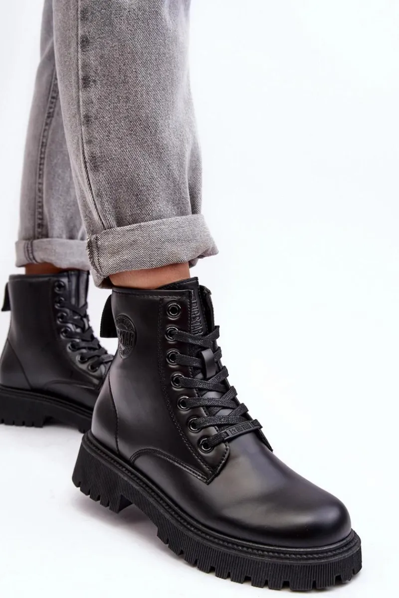 Damskie Trapery|Czarne Botki>Big Star Shoes Botki Skórzane Sznurowane Czarne Big Star MM274375