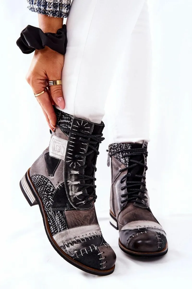 Botki Maciejka|Botki Sznurowane>Maciejka Botki Skórzane Sztyblety Szare 05095-03