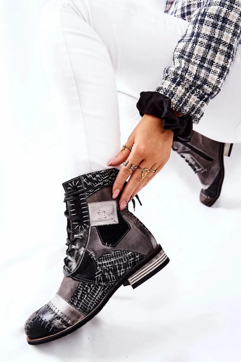 Botki Maciejka|Botki Sznurowane>Maciejka Botki Skórzane Sztyblety Szare 05095-03