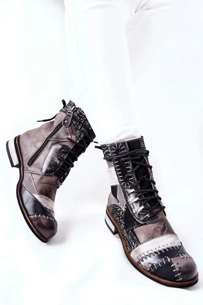 Botki Maciejka|Botki Sznurowane>Maciejka Botki Skórzane Sztyblety Szare 05095-03