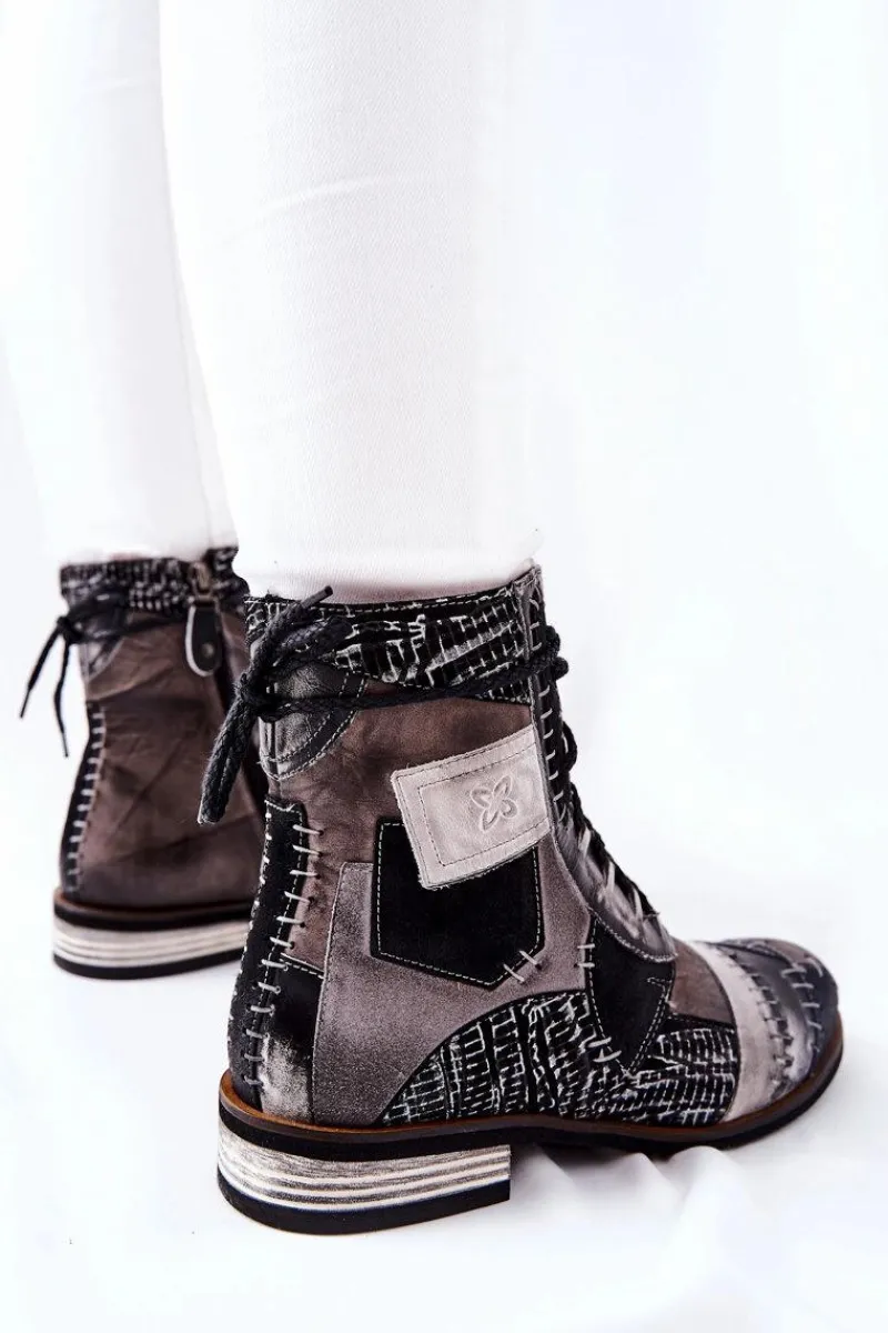 Botki Maciejka|Botki Sznurowane>Maciejka Botki Skórzane Sztyblety Szare 05095-03