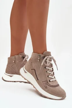 Sale Botki Sportowe Damskie Na Platformie Z Naturalnego Zamszu Z1239 Beżowe Damskie Buty Sportowe Na Platformie|Sneakersy Damskie
