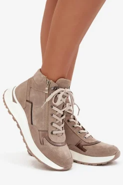 Sale Botki Sportowe Damskie Na Platformie Z Naturalnego Zamszu Z1239 Beżowe Damskie Buty Sportowe Na Platformie|Sneakersy Damskie