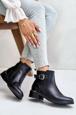 Best Botki Sztyblety Damskie Na Niskim Obcasie Ocieplane Ze Złotą Klamrą Czarne Inomira Damskie Botki Ocieplane|Botki Zimowe Damskie