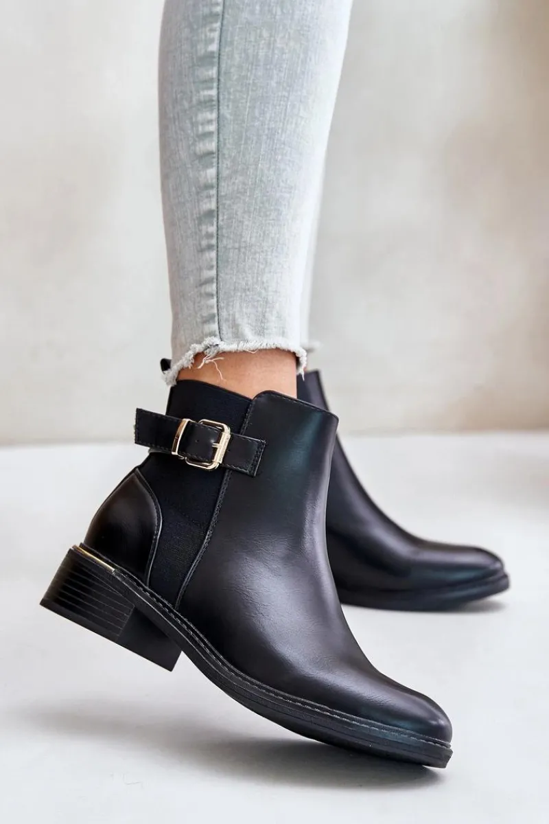 Best Botki Sztyblety Damskie Na Niskim Obcasie Ocieplane Ze Złotą Klamrą Czarne Inomira Damskie Botki Ocieplane|Botki Zimowe Damskie