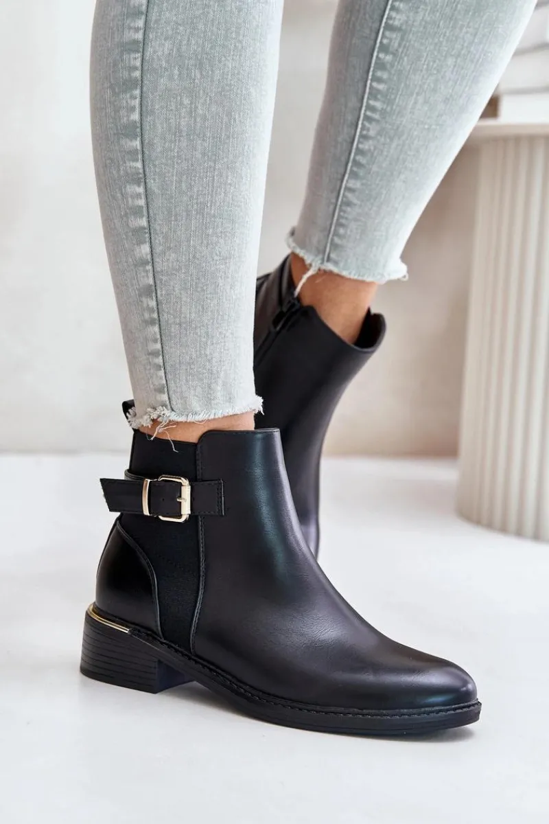 Best Botki Sztyblety Damskie Na Niskim Obcasie Ocieplane Ze Złotą Klamrą Czarne Inomira Damskie Botki Ocieplane|Botki Zimowe Damskie