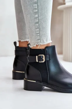 Best Botki Sztyblety Damskie Na Niskim Obcasie Ocieplane Ze Złotą Klamrą Czarne Inomira Damskie Botki Ocieplane|Botki Zimowe Damskie