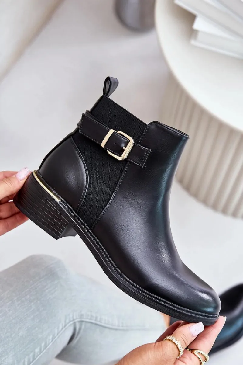 Best Botki Sztyblety Damskie Na Niskim Obcasie Ocieplane Ze Złotą Klamrą Czarne Inomira Damskie Botki Ocieplane|Botki Zimowe Damskie